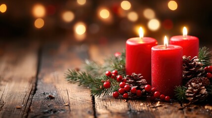 Warmly Lit Red Candles Surrounded by Greenery and Pinecones