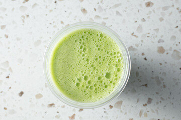 A top down view of a blended veggie drink.