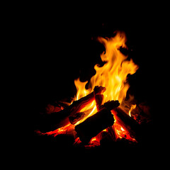Obraz premium Realistic Burning Campfire with Flames and Embers on Dark Background
