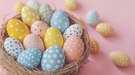Obraz premium Top view of assorted Easter eggs polka dots and abstract patterns spilling from a rustic basket onto a soft pink background designed for minimalist branding needs