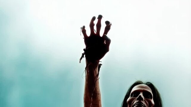 HD Slow Motion Zombie Hand Rising Silhouette on White Background