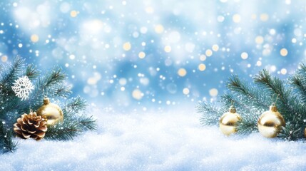 Winter Wonderland Background with Snow, Bokeh, and Pine Branches