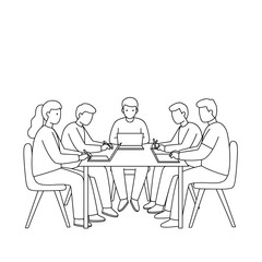 Student meeting group discussing ideas around table in minimalistic style  