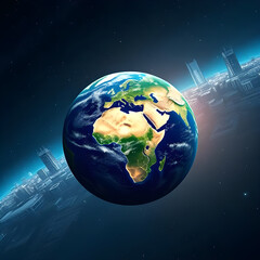 Planet Earth Merged with Capitalist Skyscrapers in Outer Space