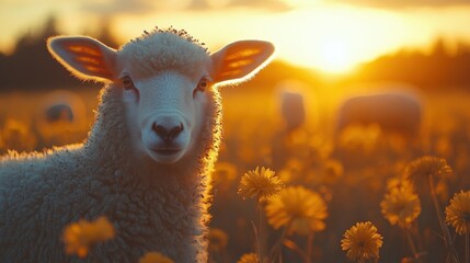 Fototapeta premium A serene sheep stands among vibrant dandelions at sunset, with a tranquil landscape in the background