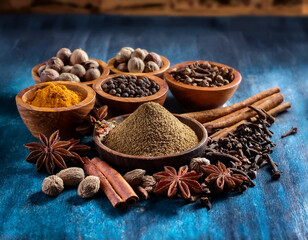A vibrant array of spices, such as cloves, cinnamon, and nutmeg, are laid out, highlighting Indonesia's historical role in the spice trade and its rich flavors.