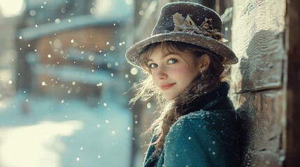 Young woman in winter hat smiling outdoors with snowflakes falling
