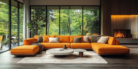 Stylish Living Room Interior with Orange Sectional Sofa and Forest View through Expansive Windows