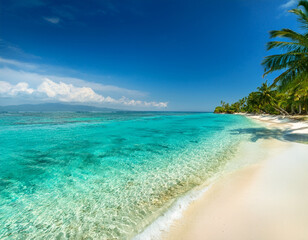 Fototapeta premium Clear turquoise waters gently lap against white sandy beaches fringed with palm trees, representing Indonesia's tropical paradise appeal.