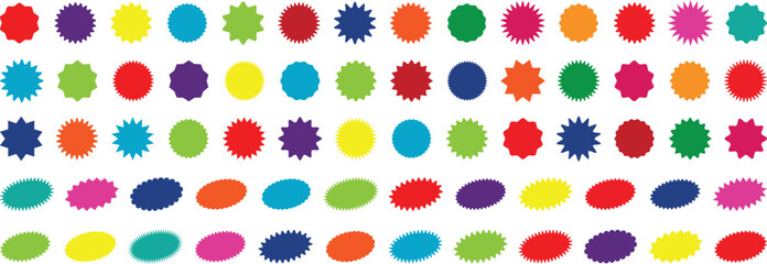 Starburst sale price labels or stickers and seals, oval and sunburst. Colorful icon set price, discount, sunburst badges flat blank. Special offer price tag promotional shopping labels