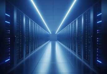 Fototapeta premium Minimalist futuristic server room with sleek blue lighting and reflective flooring. Perfect for IT infrastructure, cybersecurity visuals, and modern cloud computing concepts