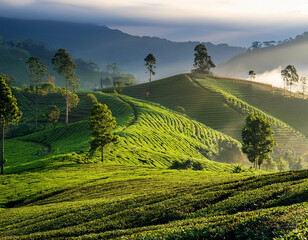 Obraz premium Lush green tea plantations stretch across rolling hills under a misty morning light, suggesting Indonesia's tea cultivation and scenic landscapes.