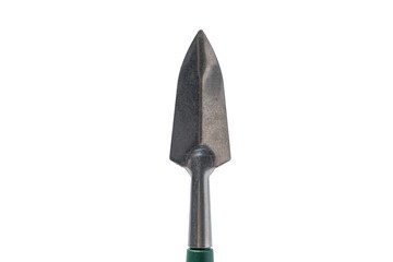 Metal bayonet shovel garden tool with green handle. It is pointed and has a sharp edge. Shovel on white background