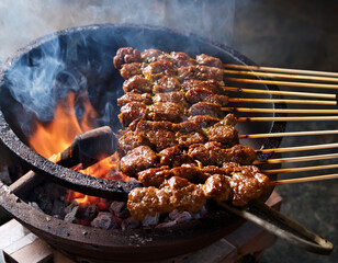 Skewers of Indonesian Satay Maranggi (marinated beef satay) grilling over hot coals, releasing smoky aromas and promising a savory delight.
