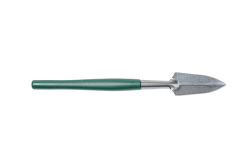 Metal bayonet shovel garden tool with green handle. It is pointed and has a sharp edge. Shovel on white background