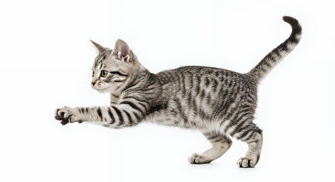 Playful Silver Tabby Kitten Pouncing Adorable Pet Cat in Motion White Background