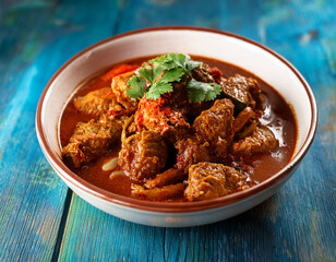 Fototapeta premium A bowl of rich and aromatic Indonesian Rendang (slow-cooked meat in coconut milk and spices), representing a complex and flavorful culinary masterpiece.