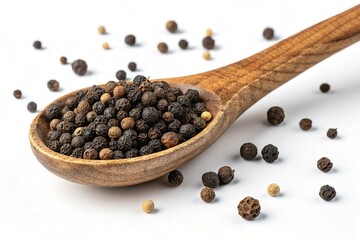 Wooden spoon of black pepper spice isolated on white background