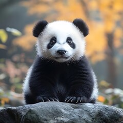 Fototapeta premium Adorable baby panda cub seated on a rock.
