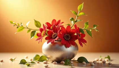 Silver vase with vibrant red flowers and green leaves, placed on a surface with scattered small stones and foliage. Floral background or greeting card with space for text.