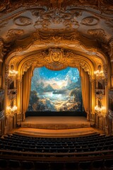 futuristic Baroque theater stage with digital backdrops, ornate golden curtain, interactive holographic effects blending with classical design elements, sleek contemporary seats placed