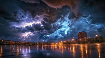 Dramatic Thunderstorm Over Cityscape at Night with Lightning and Reflections
