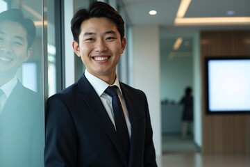 Fototapeta premium Confident young East Asian businessman wearing a professional dark suit and tie, smiling warmly at the camera while standing poised in a bright modern corporate office hallway