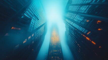 Fototapeta premium futuristic cityscape with neon accents ultra-modern skyscrapers misty streets moody cyberpunk aesthetic dynamic perspective cinematic glow 