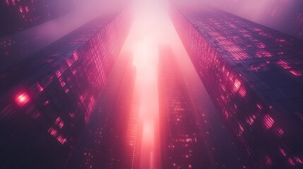 futuristic cityscape with neon accents ultra-modern skyscrapers misty streets moody cyberpunk aesthetic dynamic perspective cinematic glow