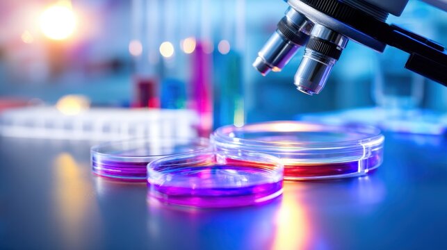 Colorful laboratory scene with a microscope and petri dishes, showcasing scientific experimentation