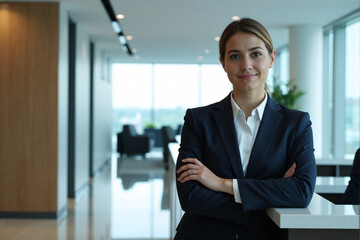 poised businesswoman with folded arms stands confidently in a stylish, contemporary office setting with large windows offering a city view, wearing a smart dark suit and a light blouse
