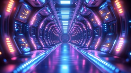 futuristic server room illuminated by cool blue and purple neon lights, endless rows of high-tech servers with blinking LED indicators, cinematic wide-angle shot, ultra-detailed reflections 