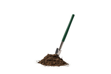 Green shovel stuck in a pile of earth. Shovel in the ground on a white background.