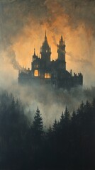 Mysterious castle shrouded in fog, a gothic tale of dreams and nightmares