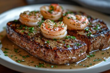 Garlic Butter Ribeye with Creamy Shrimp and White Wine Sauce 