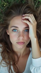 Fototapeta premium This enchanting close-up features a young woman with flowing hair, gazing thoughtfully at the camera while resting on a bed of grass. Her serene expression and delicate features evoke a sense of calm