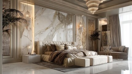 Luxurious large bedroom with marble slabs and a bed in the center. Delicate beige colors - ivory, milk, brown, taupe 