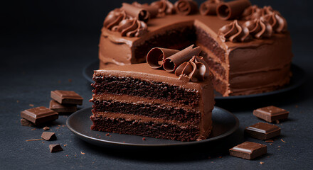 Delicious Three Layer Chocolate Cake Slice with Chocolate Shavings and Ganache