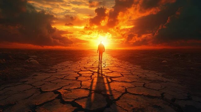 Road to Redemption: A lone figure walks towards a blazing sunset. Embark on a journey of self-discovery, set against the backdrop of an awe-inspiring, apocalyptic sky.