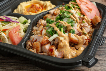 A closeup view of a pork shawarma entree.
