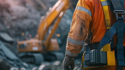 Mining worker securing safety harness before operating machinery at a site. Featuring safety preparation and machinery operation