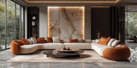 Modern luxury living room interior design with large curved sofa, marble coffee table, and elegant details