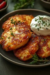 Golden crispy potato pancakes, served with sour cream and herbs, macro shot, soft shadows, textured background 