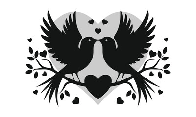 Lovebirds Silhouette on Branch – Romantic Black and White Heart Design