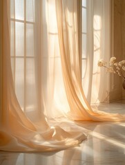 golden hour sunlight streaming through sheer silk curtains, casting soft shadows on a high-end marble floor, rich textures and warm glow creating a serene luxury ambiance 
