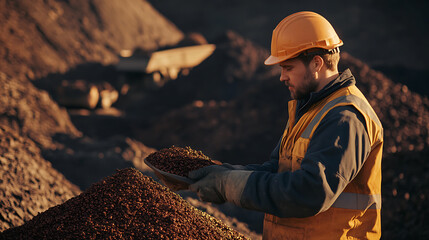 Mining worker sorting iron ore into different grades at a site. Featuring sorting and categorization