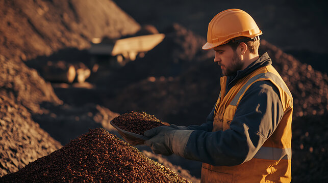 Mining worker sorting iron ore into different grades at a site. Featuring sorting and categorization