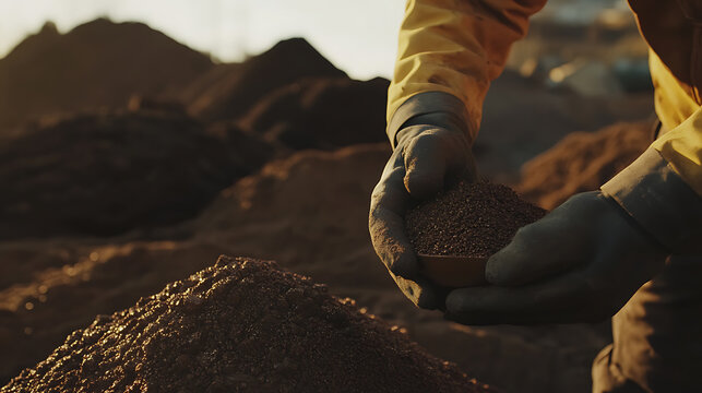 Mining worker sorting iron ore into different grades at a site. Featuring sorting and categorization