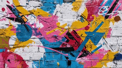 Naklejka premium A colorful graffiti on a brick wall with a pink and blue triangle
