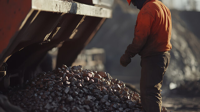 Mining worker stacking iron ore onto a transport truck at a mining site. Featuring loading and transportation